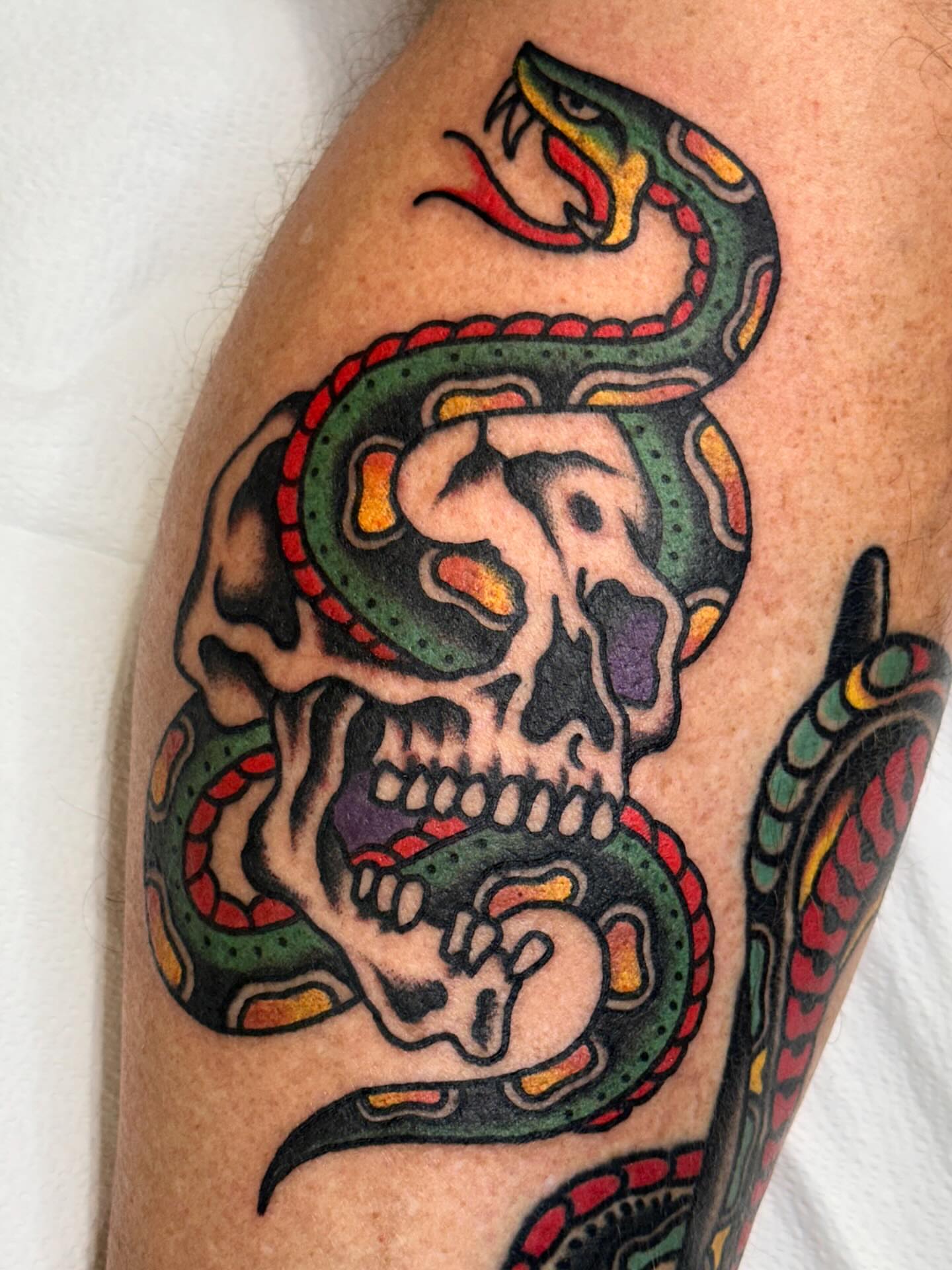 Skull and snake American traditional tattoo on the forearm by Cody Woolard, Seymour, Tennessee