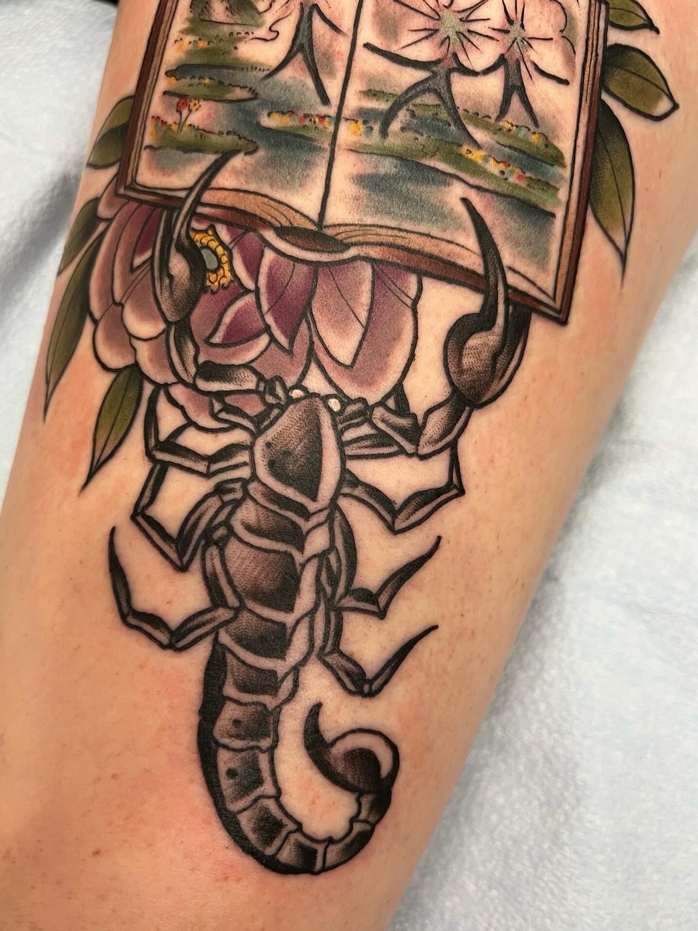 Scorpion and flowers American traditional tattoo on the forearm by Kyle Olson, Salt Lake City, Utah