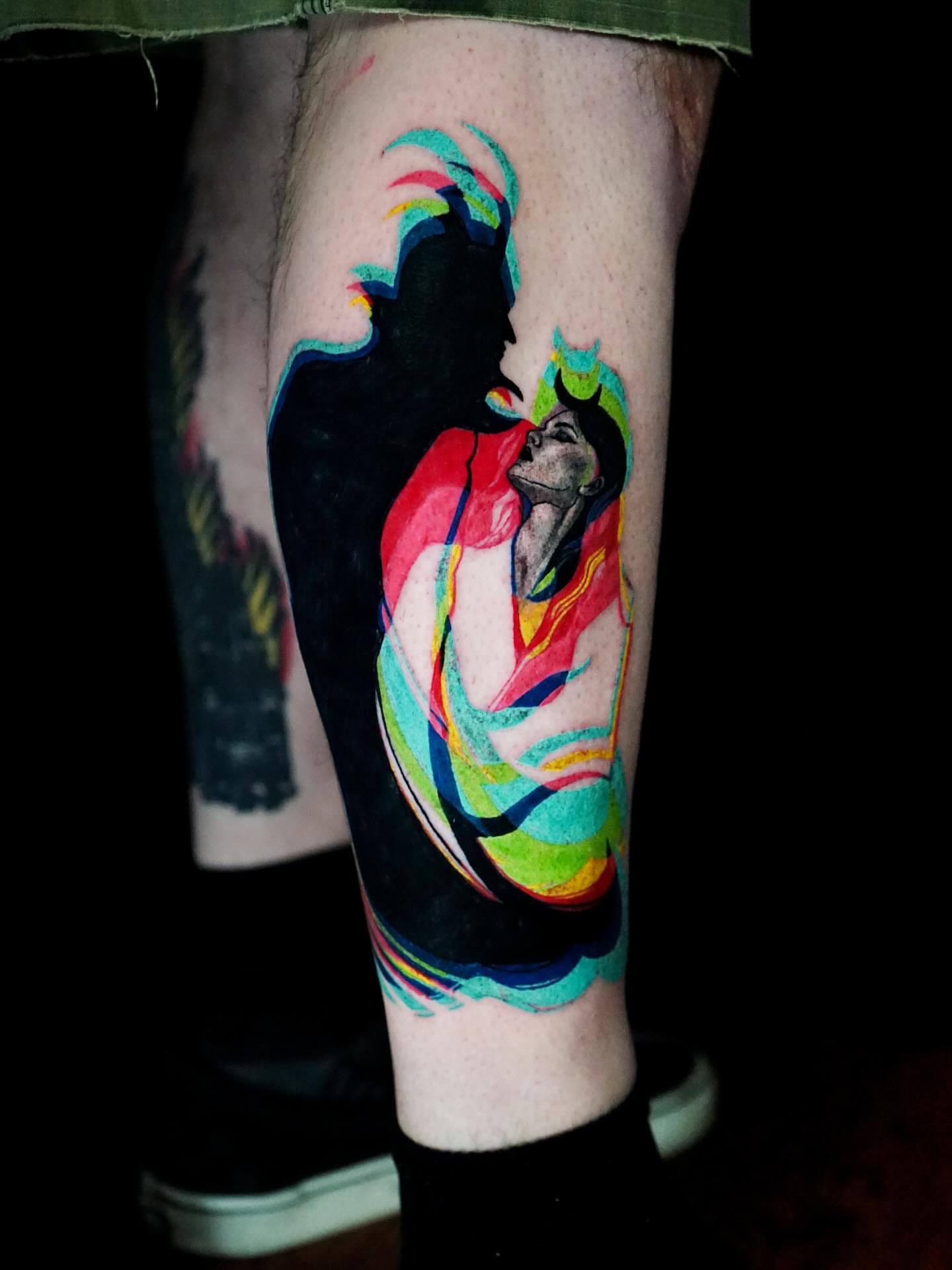 Couple new school tattoo on the calf by Nyahzul - Glitch Tattoo Artist NYC