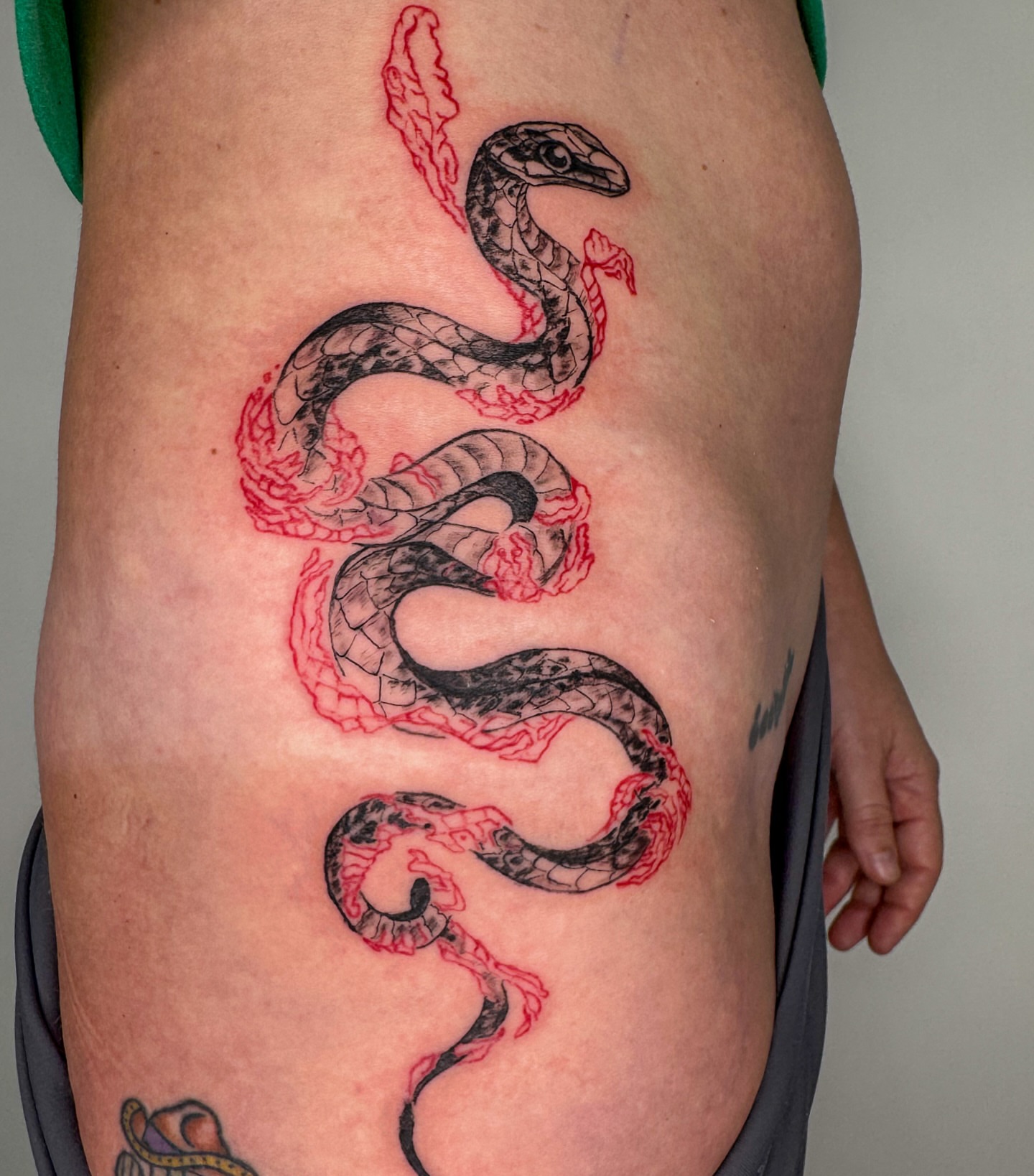 Snake neo-traditional tattoo on the thigh by Tiffany