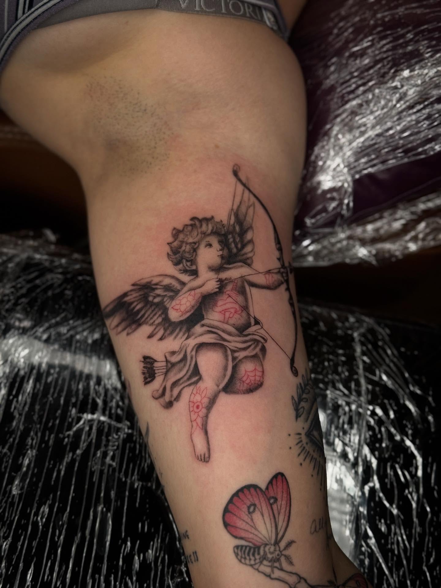 Angel with bow neo-traditional tattoo on the forearm by Ashley Hsiung *Panda*