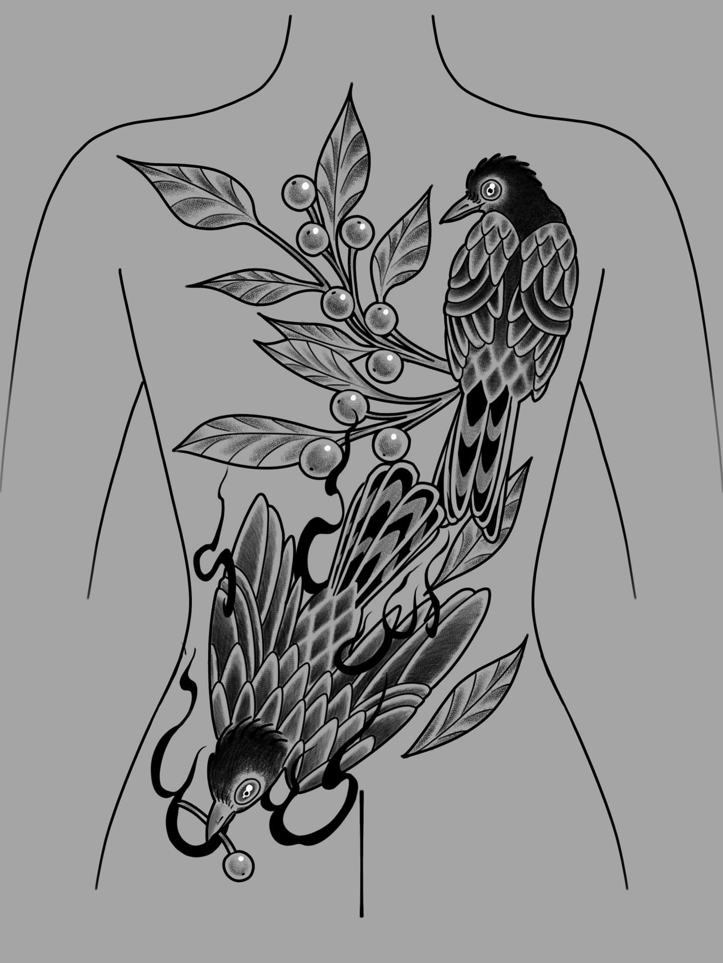 Birds and leaves neo-traditional tattoo on the chest by Nia Malone (Knee-Uh)