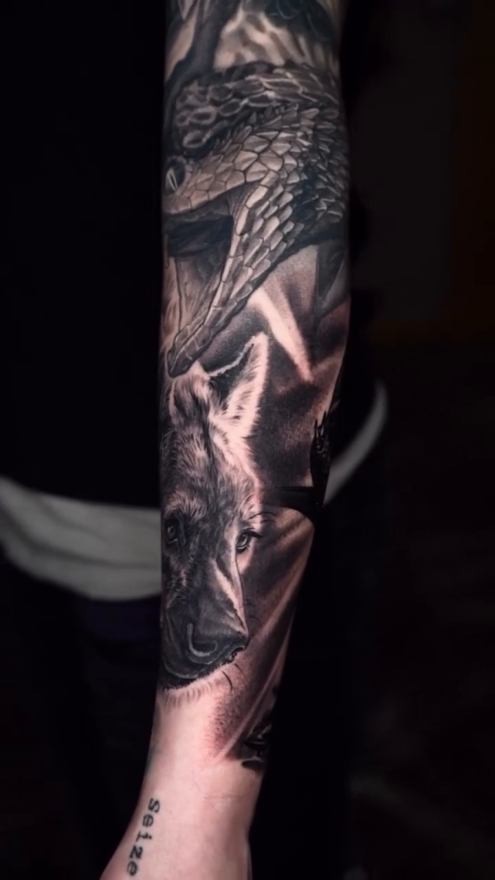 Wolf, snake, and shark realism tattoo by Jake Ross, Mentor, Ohio