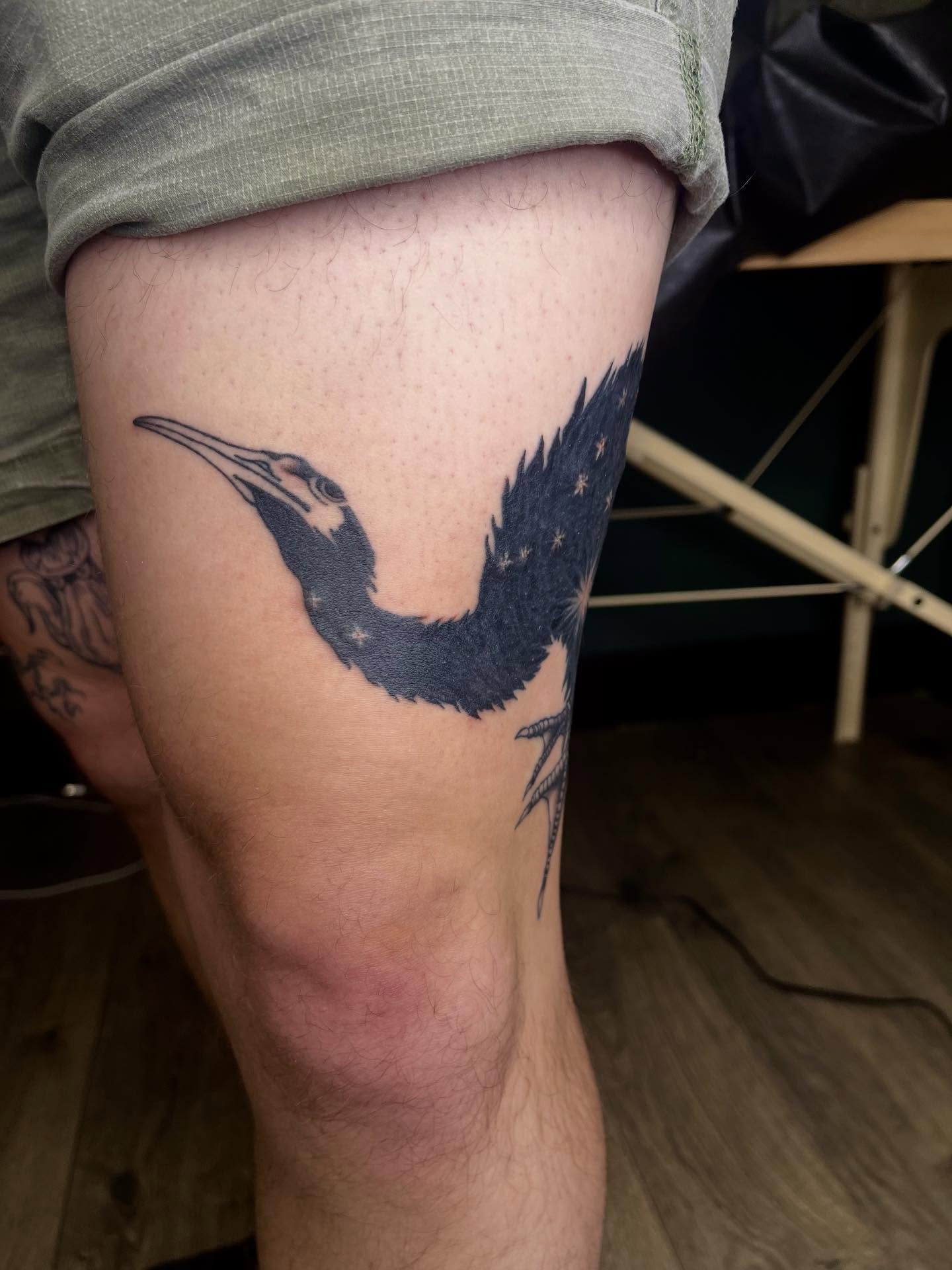 Bird black and grey tattoo on the thigh by Chase Healey, Salt Lake City, Utah