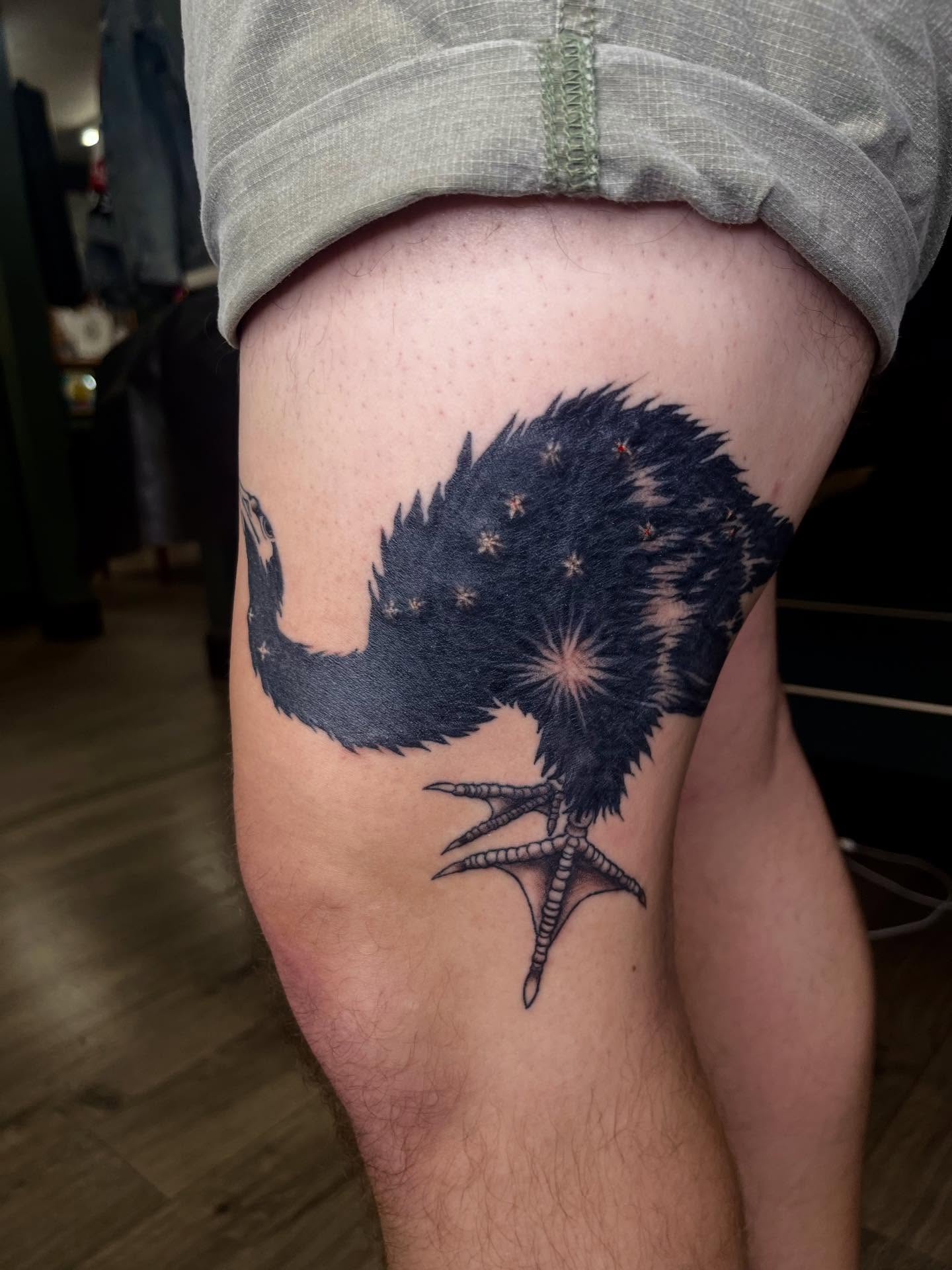 Kiwi bird black and grey tattoo on the thigh by Chase Healey, Salt Lake City, Utah
