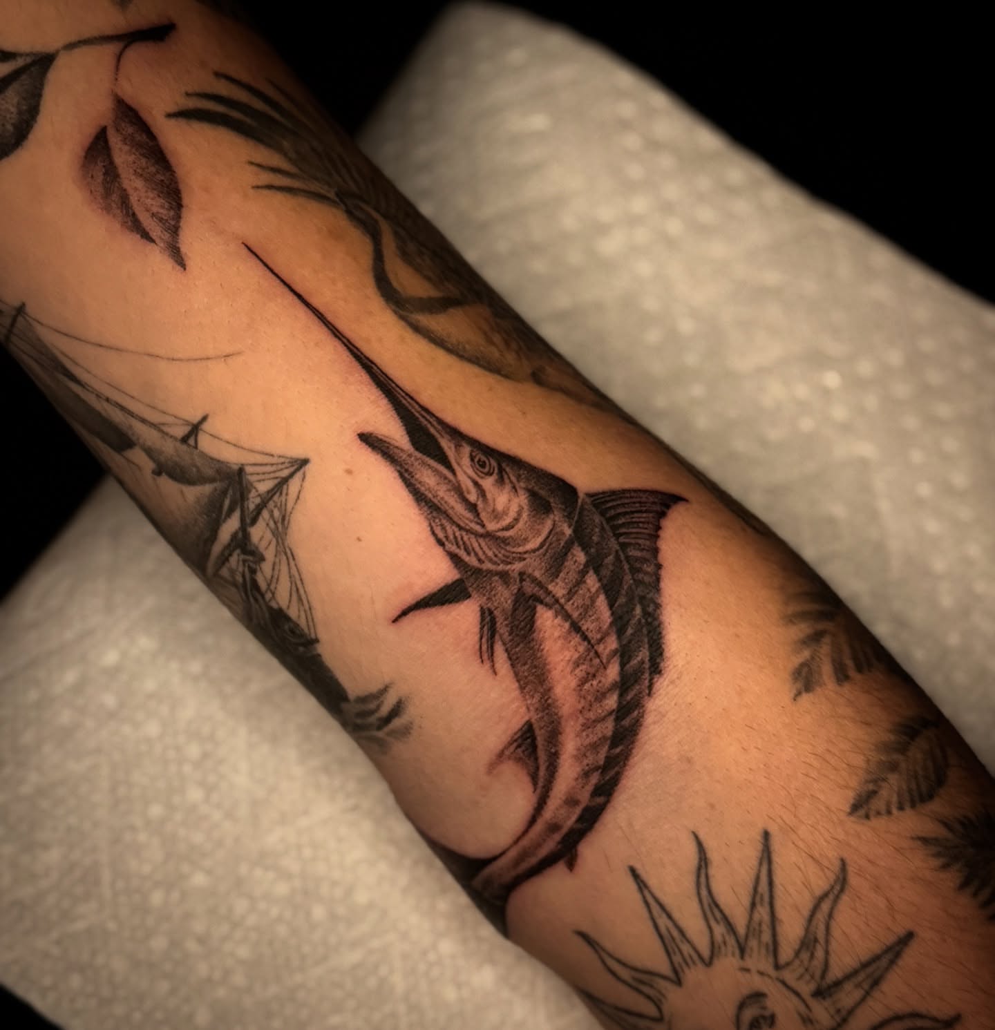 Marlin realism tattoo on the forearm by Jacob Deirfield, Circleville, Ohio
