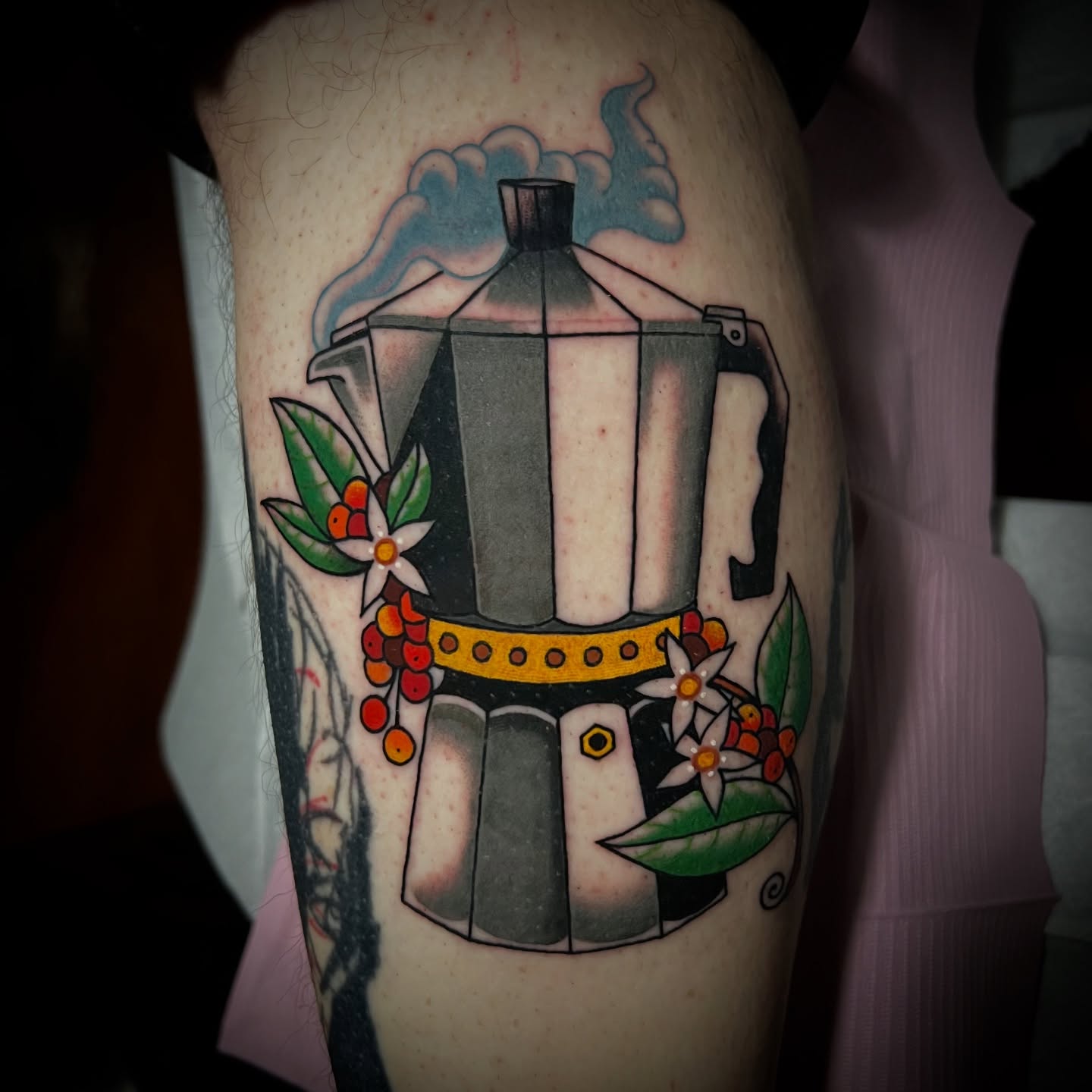 Coffee pot American traditional tattoo on the forearm by Michael Munter, Philadelphia, Pennsylvania
