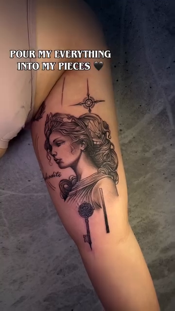 Woman with key realism tattoo by Damon Valdez