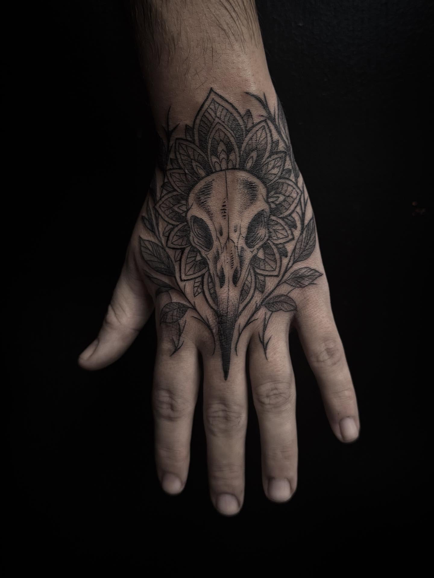 Bird skull with floral mandala geometric tattoo on the hand by Bethbeforedishonor, Rochester, New York