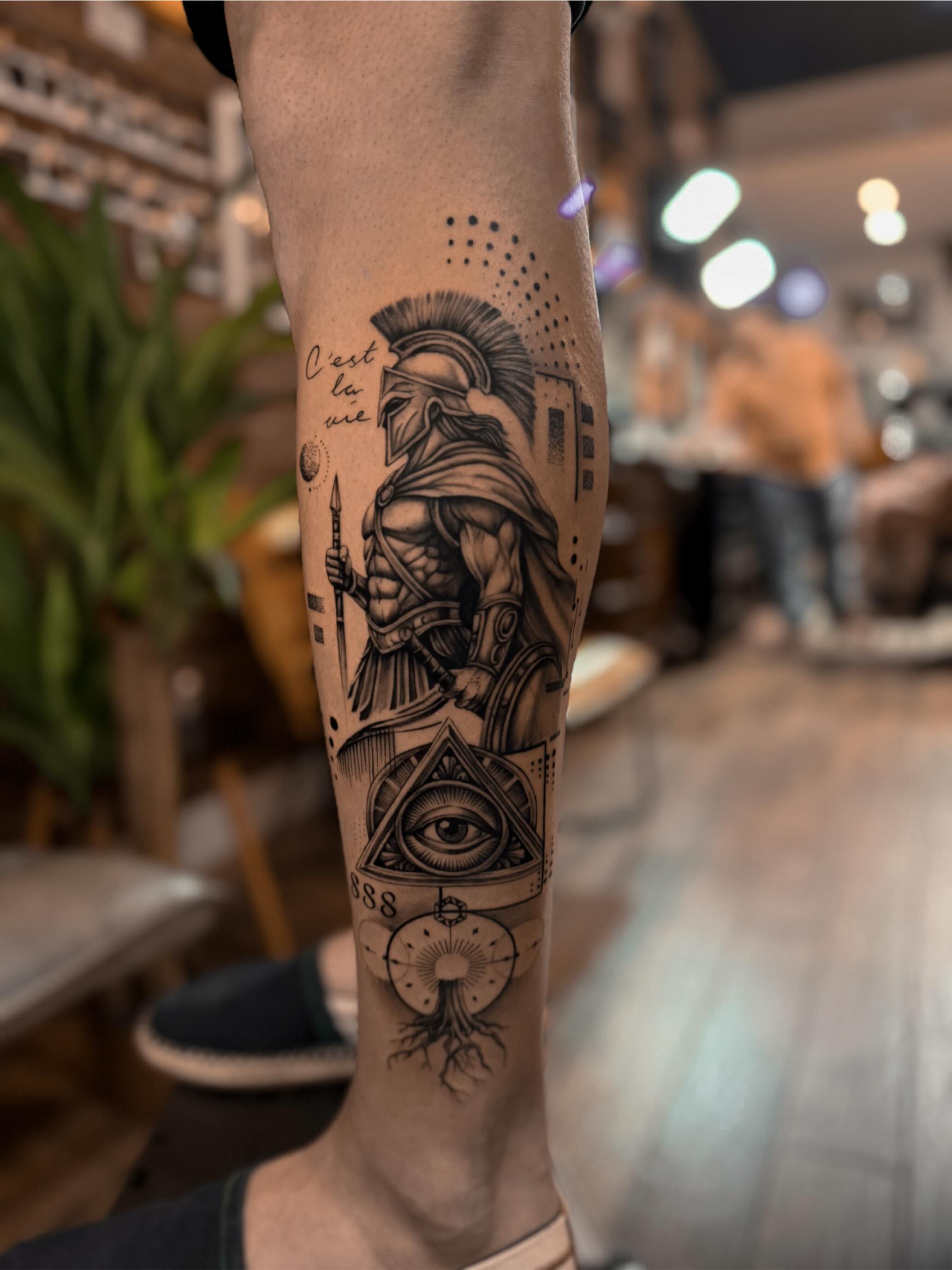 Ancient warrior geometric tattoo on the forearm by Christian Guerrero