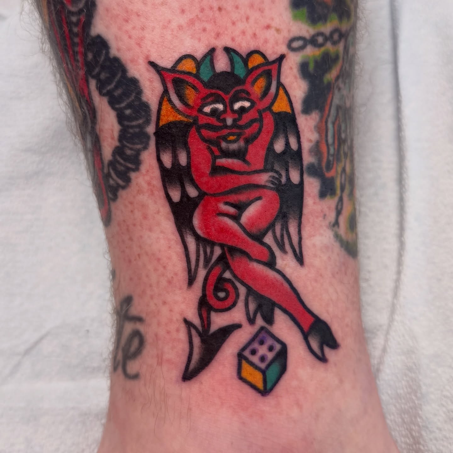 Devil American traditional tattoo on the forearm by Stevie Lowenstein, Cincinnati, Ohio
