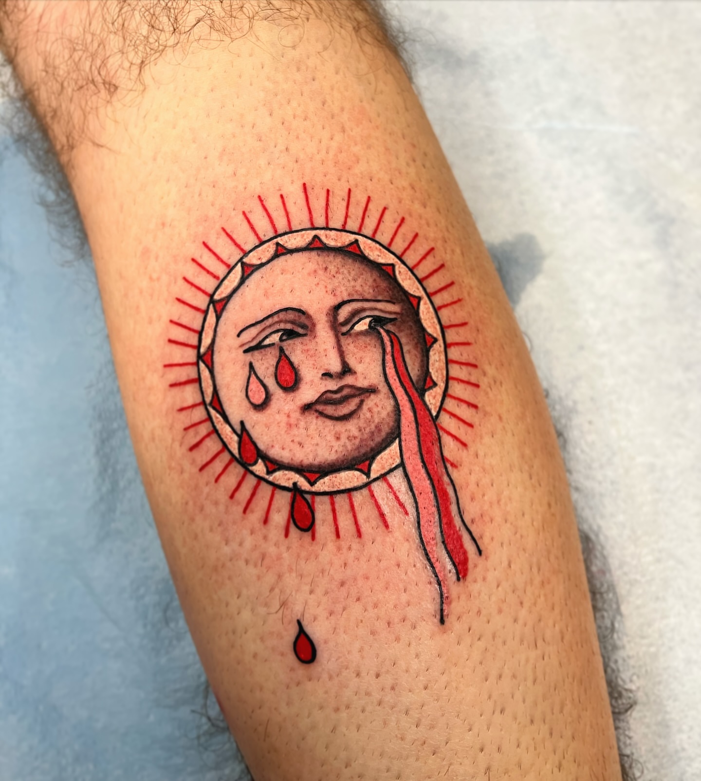 Weeping sun American traditional tattoo on the forearm by superteal