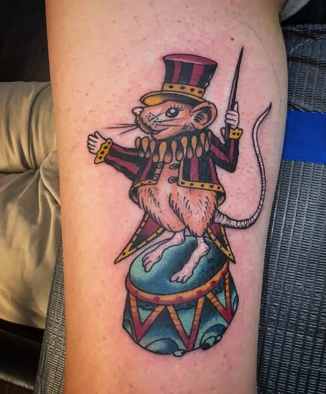 Mouse drummer American traditional tattoo on the forearm by Josh Sroga