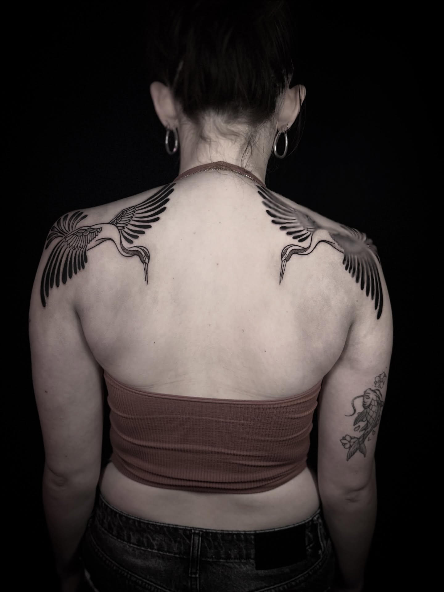 Cranes black and grey tattoo on the back by 𝕭𝖆𝖇𝖊𝖔𝖓𝖙𝖍𝖊𝖒00𝖓🌙🪬, Colorado Springs, Colorado