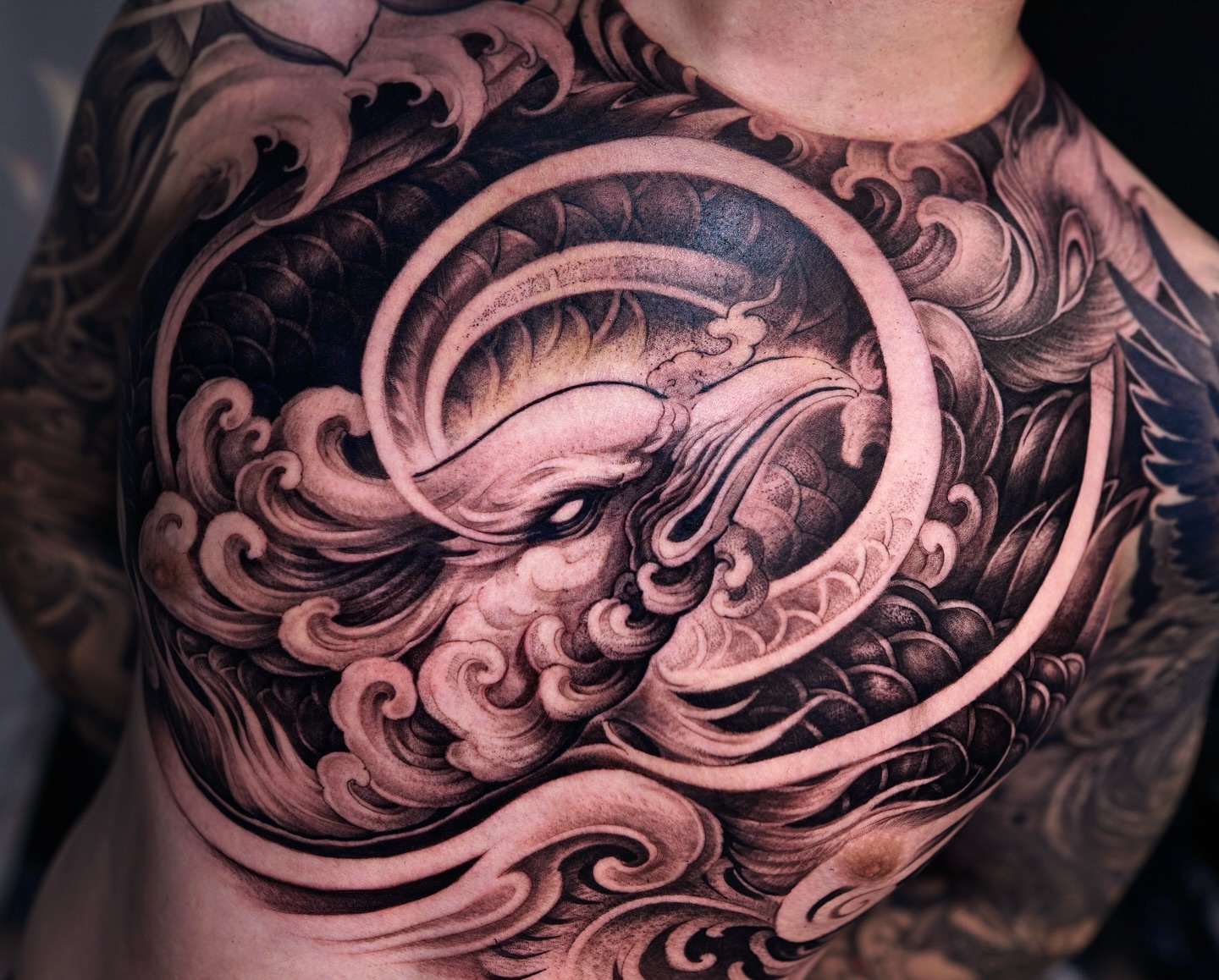 Serpent japanese irezumi tattoo on the chest by Thien Phan