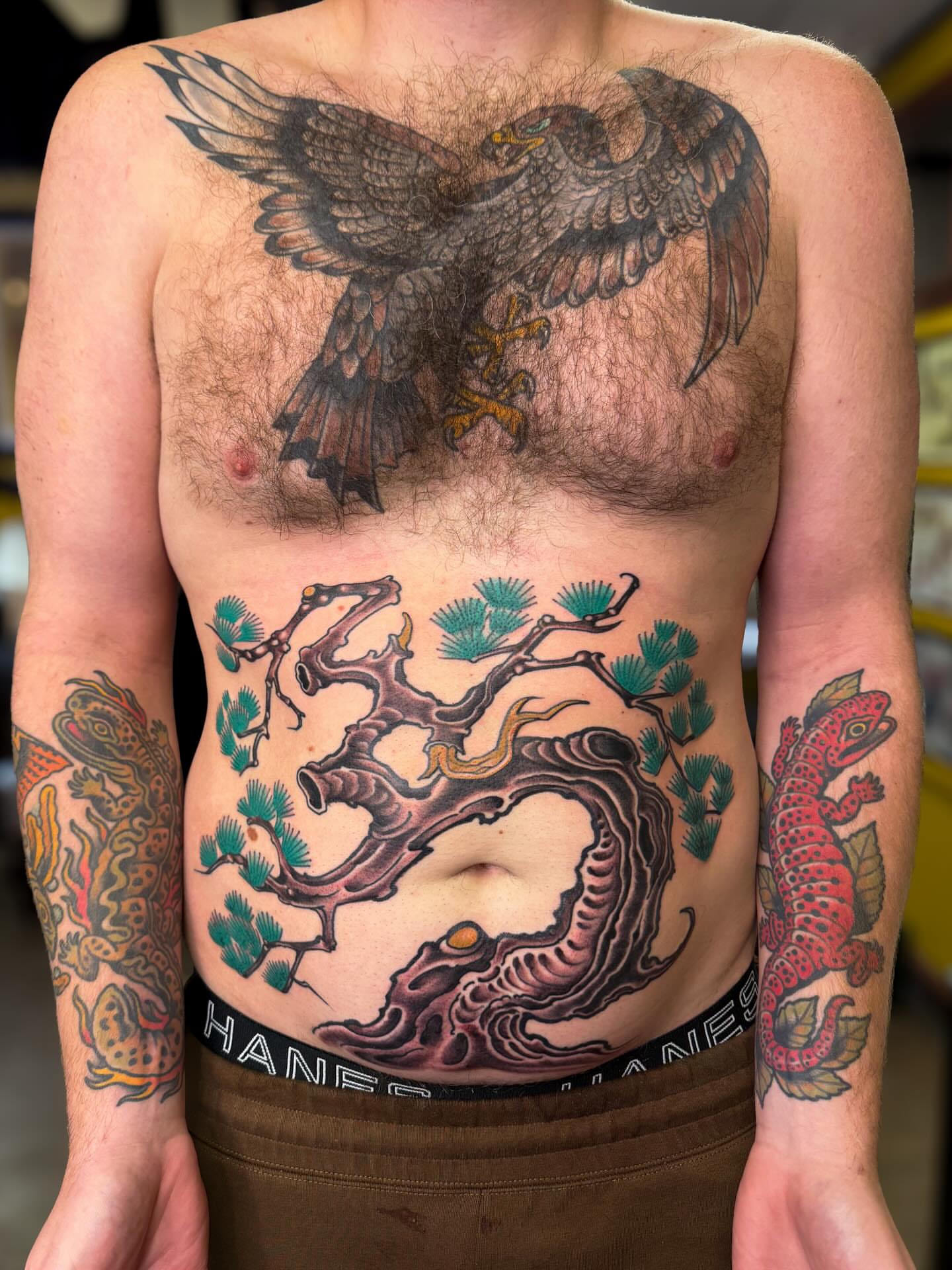 Bird and pine tree American traditional tattoo on the chest by Danny Reed, Asheville, North Carolina