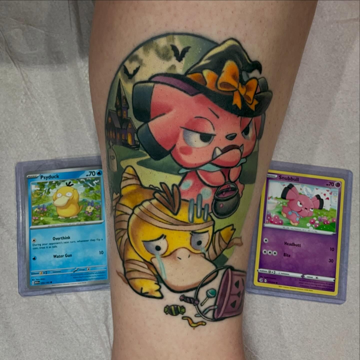 Psyduck and snubbull dotwork tattoo on the forearm by Shana 🍊Orlando,Fl