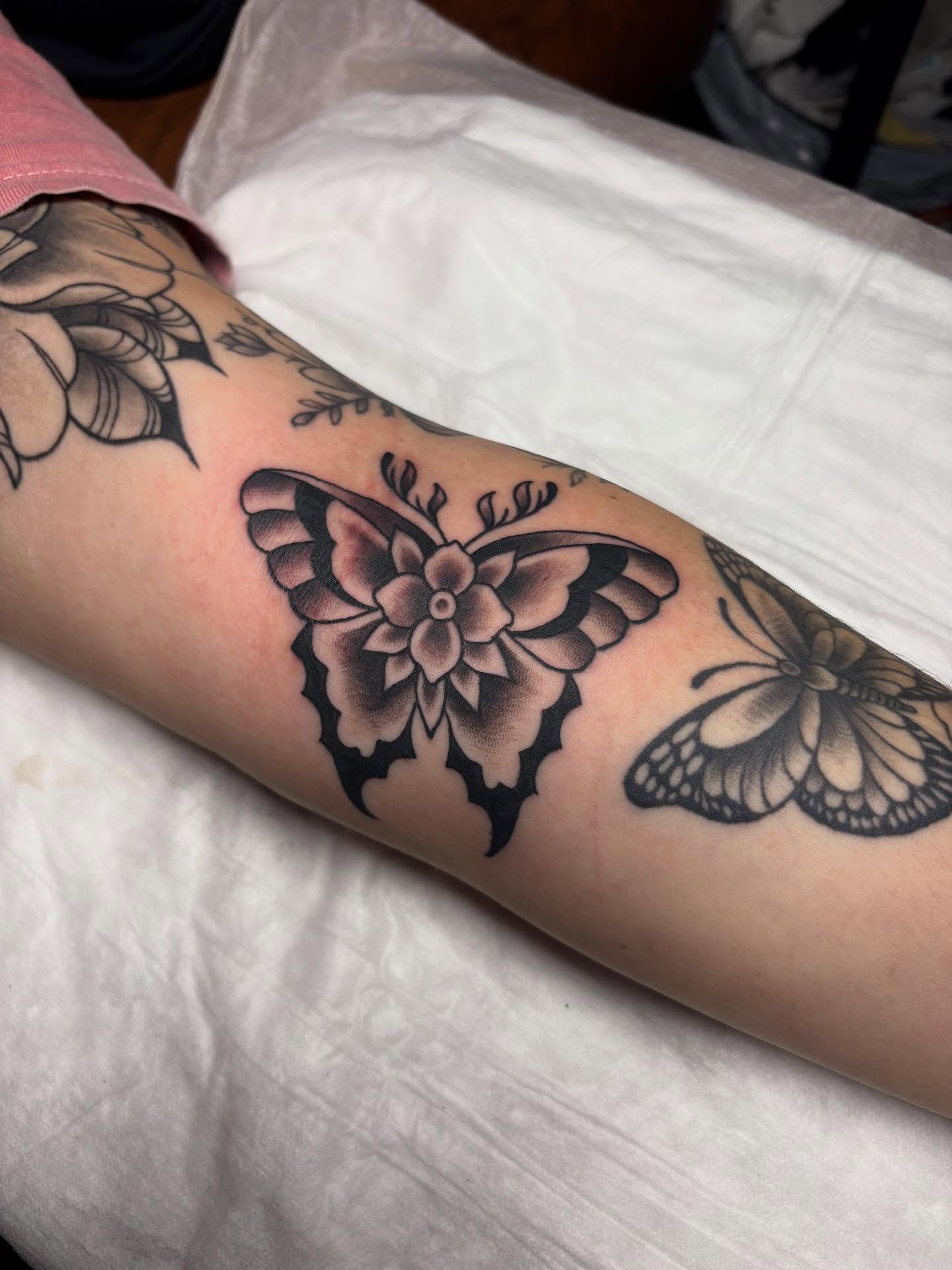 Butterfly American traditional tattoo on the forearm by gia❤️‍🔥🎲, Maryville, Tennessee