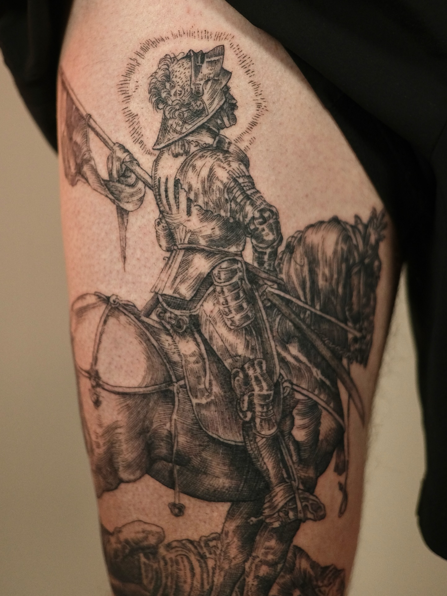 Horseman realism tattoo on the thigh by Zanereti