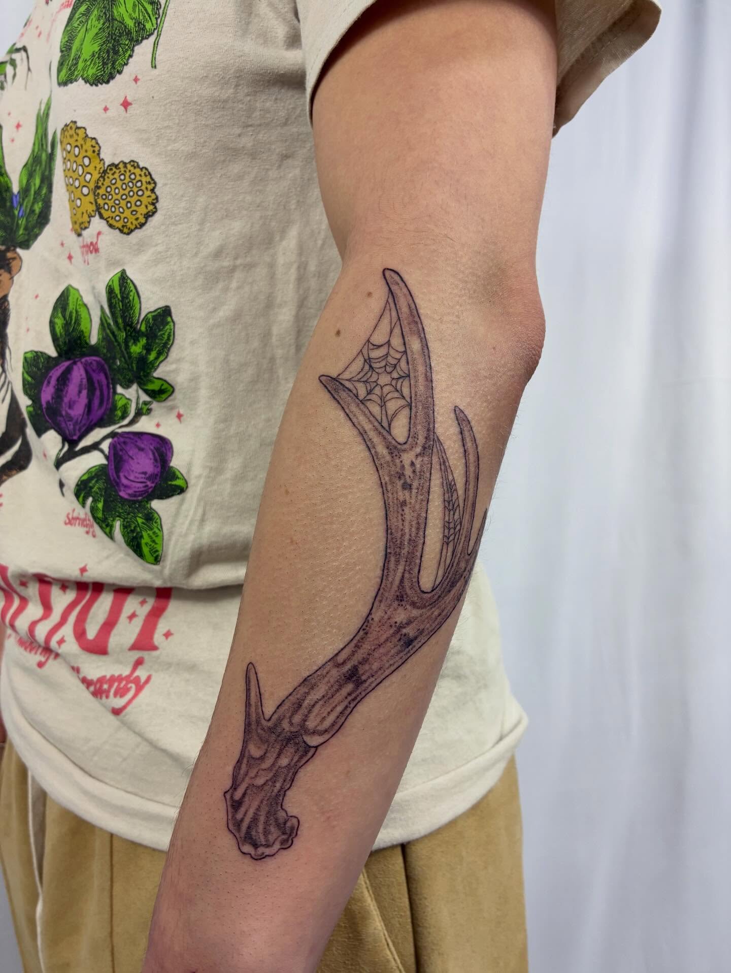 Antler black and grey tattoo on the forearm by ⊹ Avery Peterson ⊹