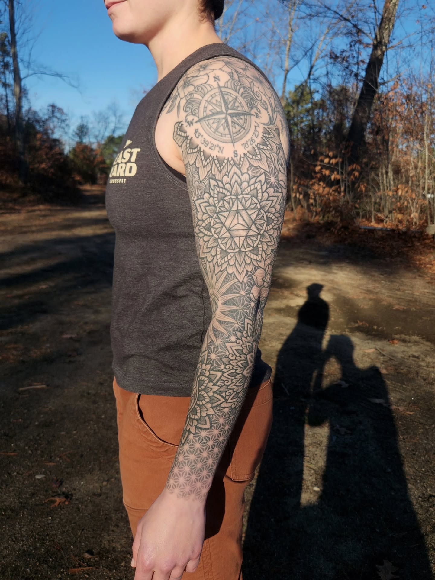 Geometric mandala geometric tattoo on the upper arm by Ravi Chandra, Mount Shasta, California