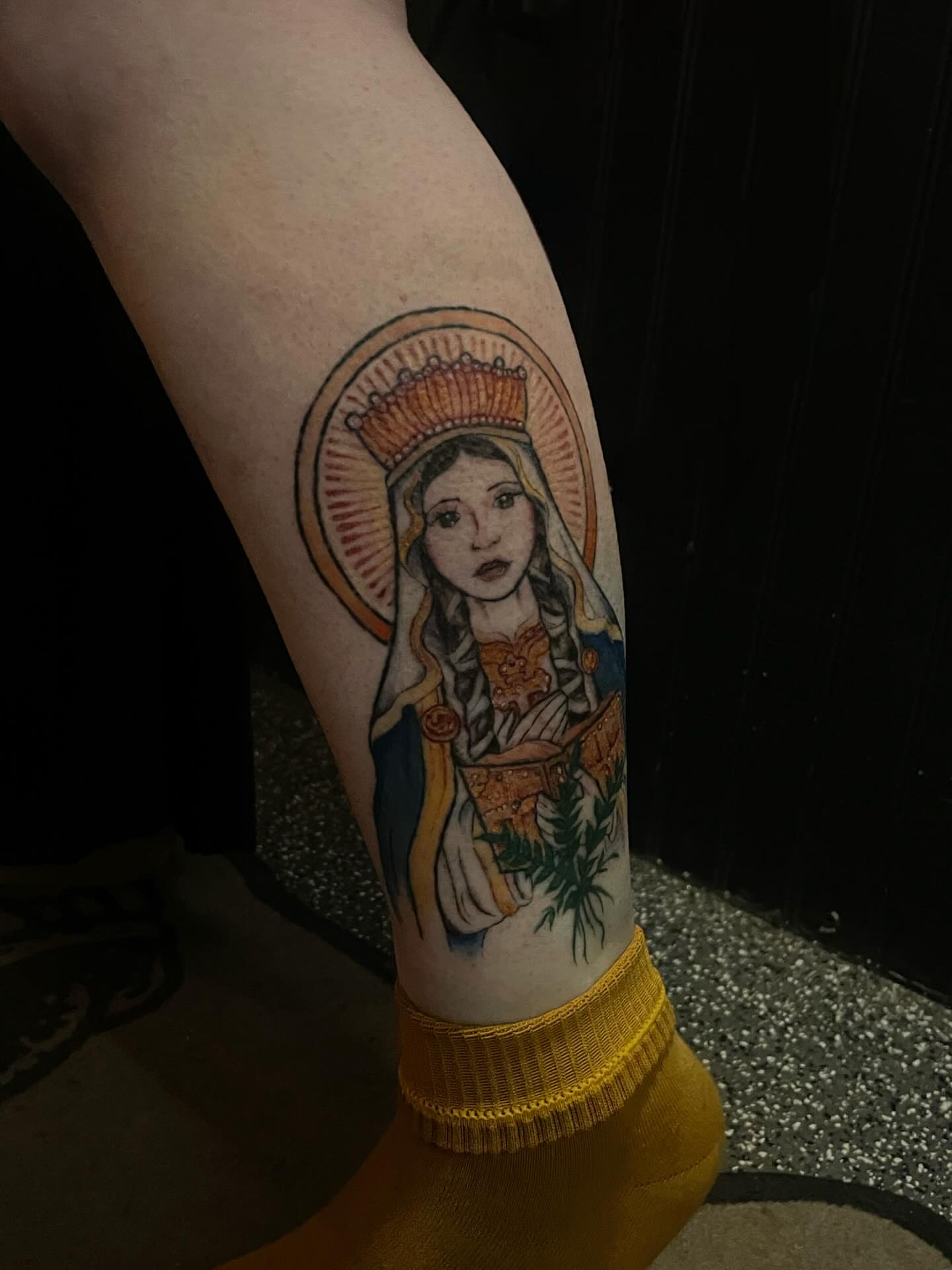Religious figure realism tattoo on the forearm by Trinity