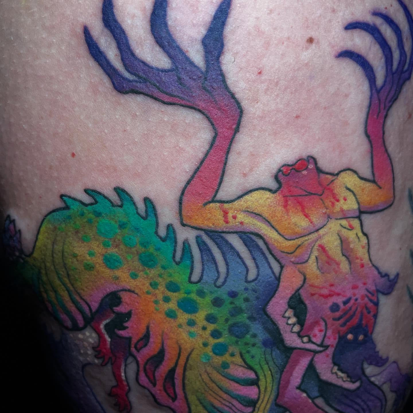 Mermaid and antlers new school tattoo on the thigh by ππΈππππ π΅ππππππ