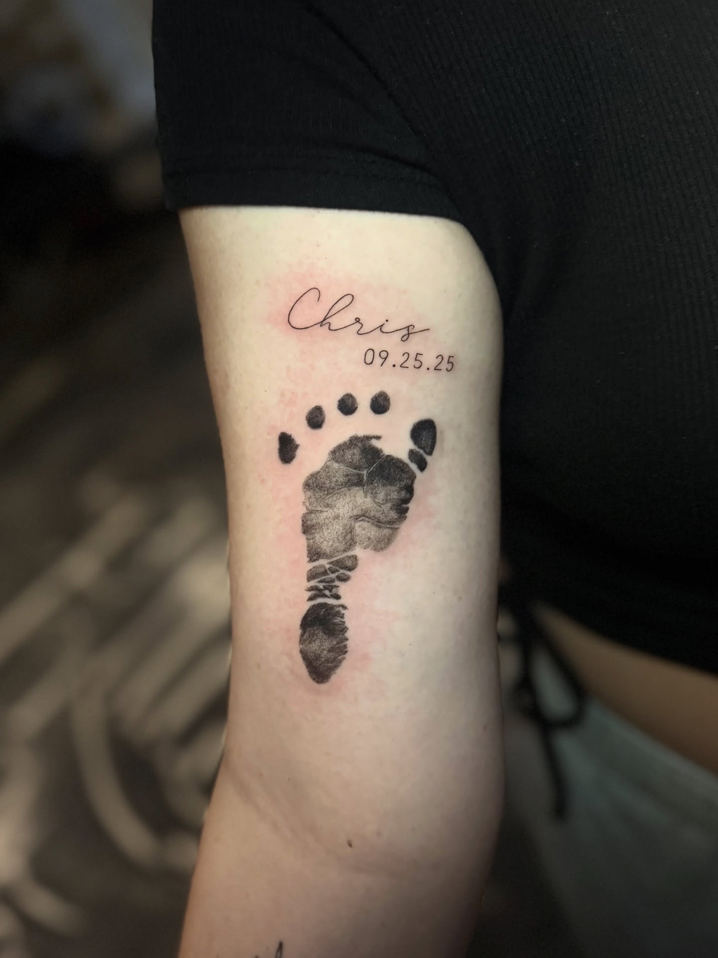 Footprint dotwork tattoo on the forearm by Paola Pineda Tattoo, Knoxville, Tennessee