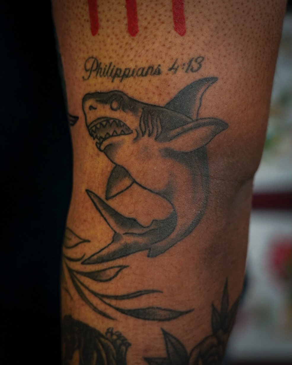 Shark black and grey tattoo on the forearm by Spicoli