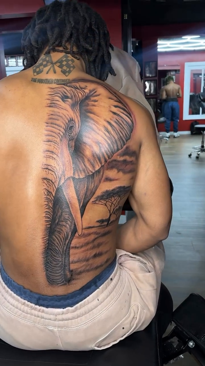 Elephant and savanna landscape on back surrealism tattoo on the back by TC 🧚🏽, Columbus, OH