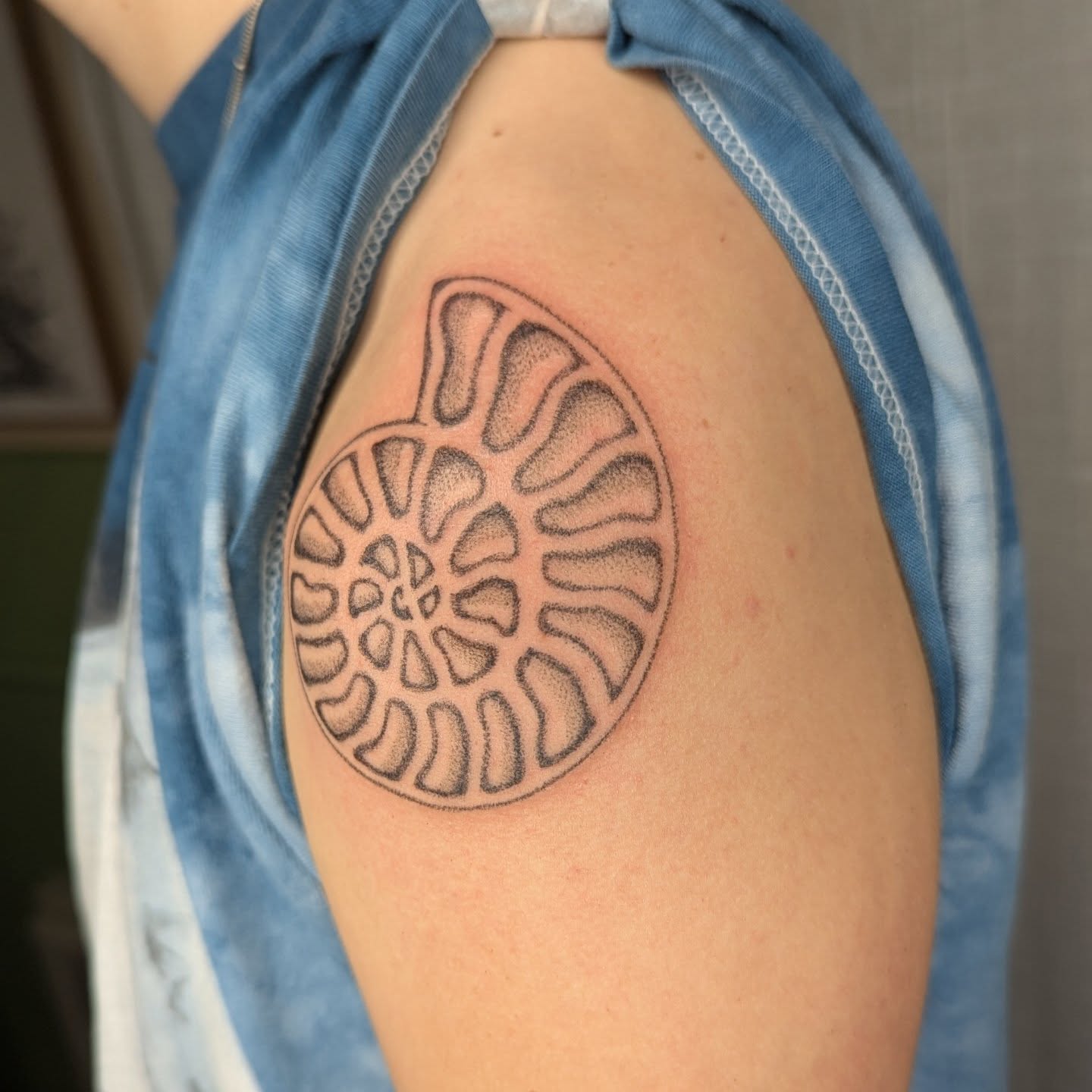 Geometric pattern dotwork tattoo on the shoulder by theo, Portland, Oregon