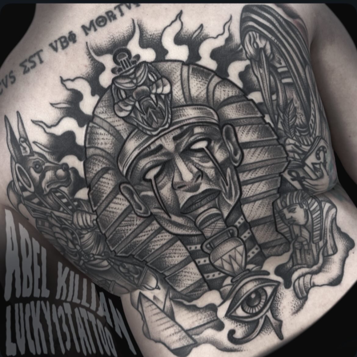 Pharaoh and eye dotwork tattoo on the torso by Abel, Richmond, Virginia