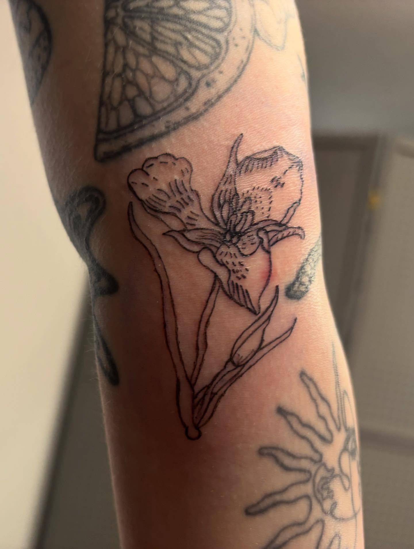 Iris flower black and grey tattoo on the forearm by Mickey