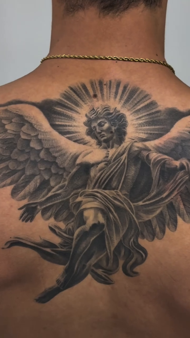 Angel realism tattoo by Kyle Lopez, Union City, California