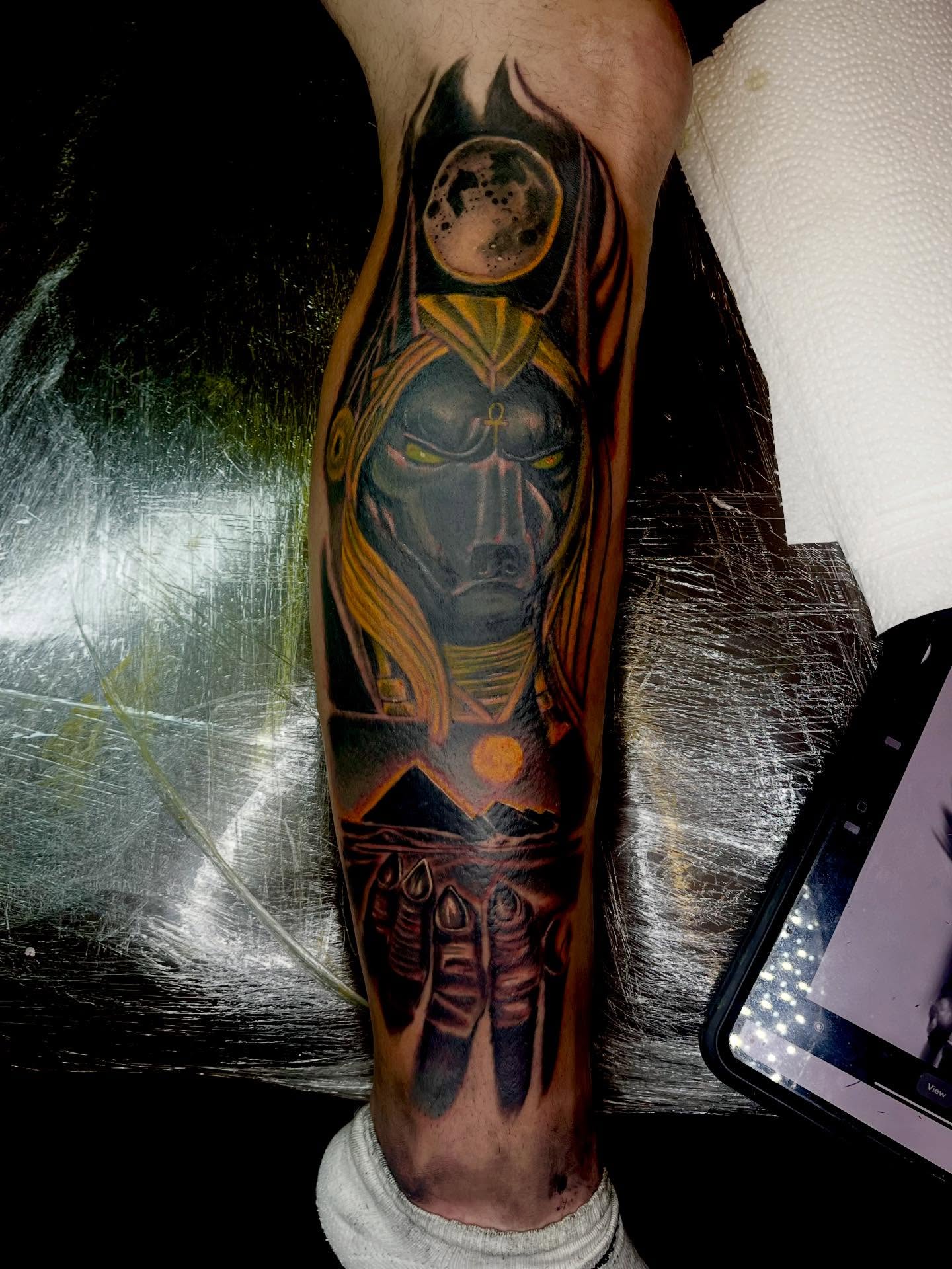Ancient warrior dark realism tattoo on the forearm by Bobby Glennon