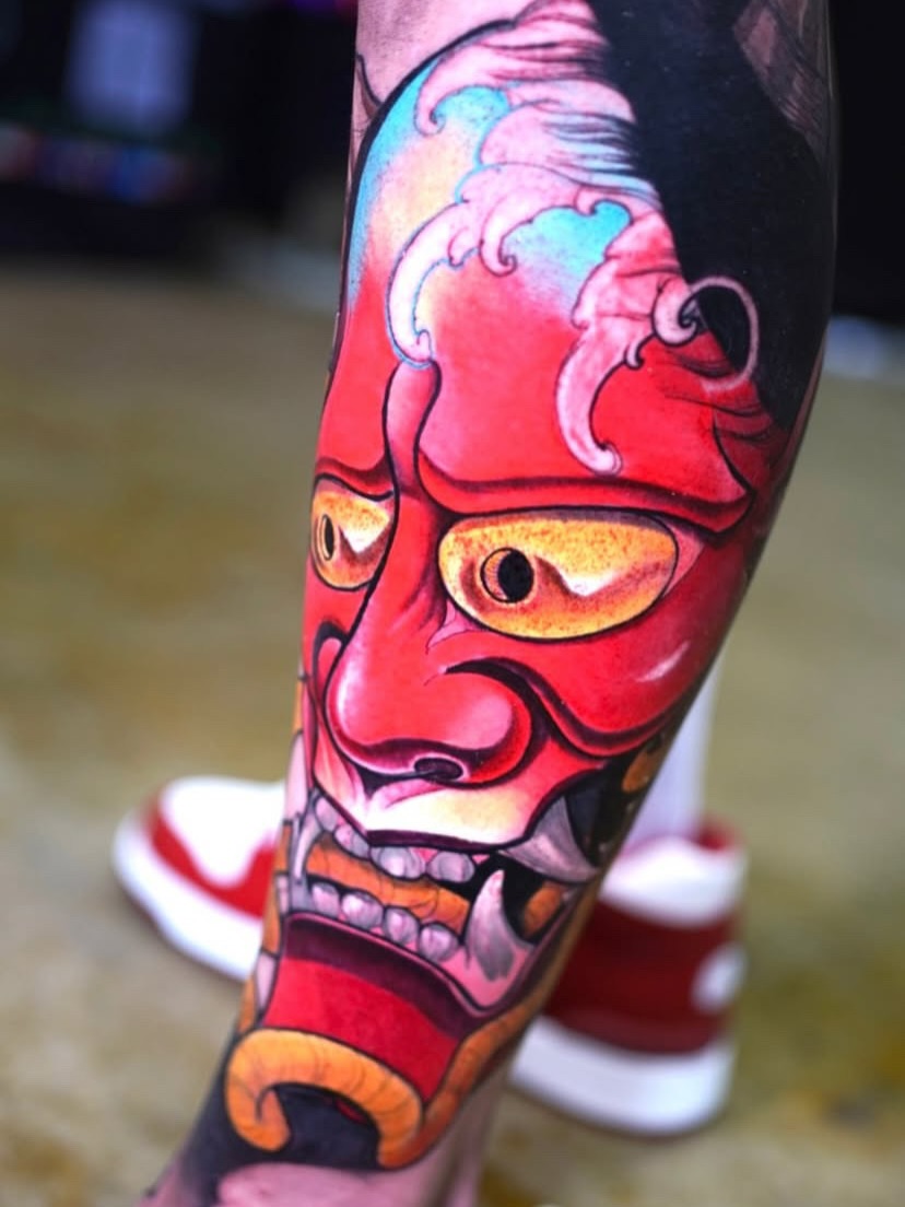 Demon mask japanese irezumi tattoo on the forearm by Grego Hernandez, Miami, Florida