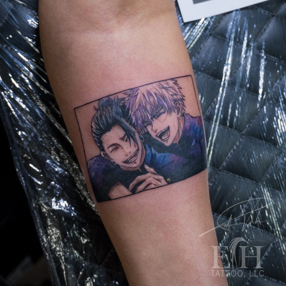 Anime characters anime tattoo on the forearm by Donald Voelker