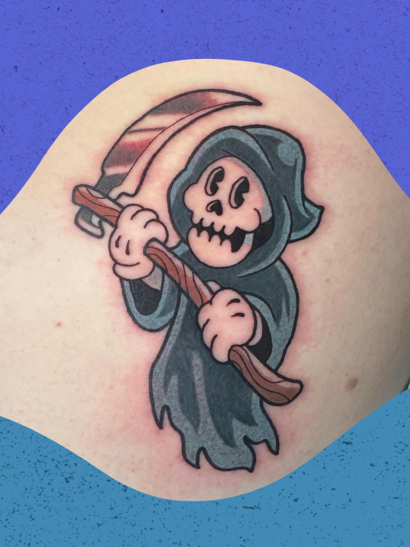 Grim reaper American traditional tattoo on the thigh by π. ππππ, San Francisco, California