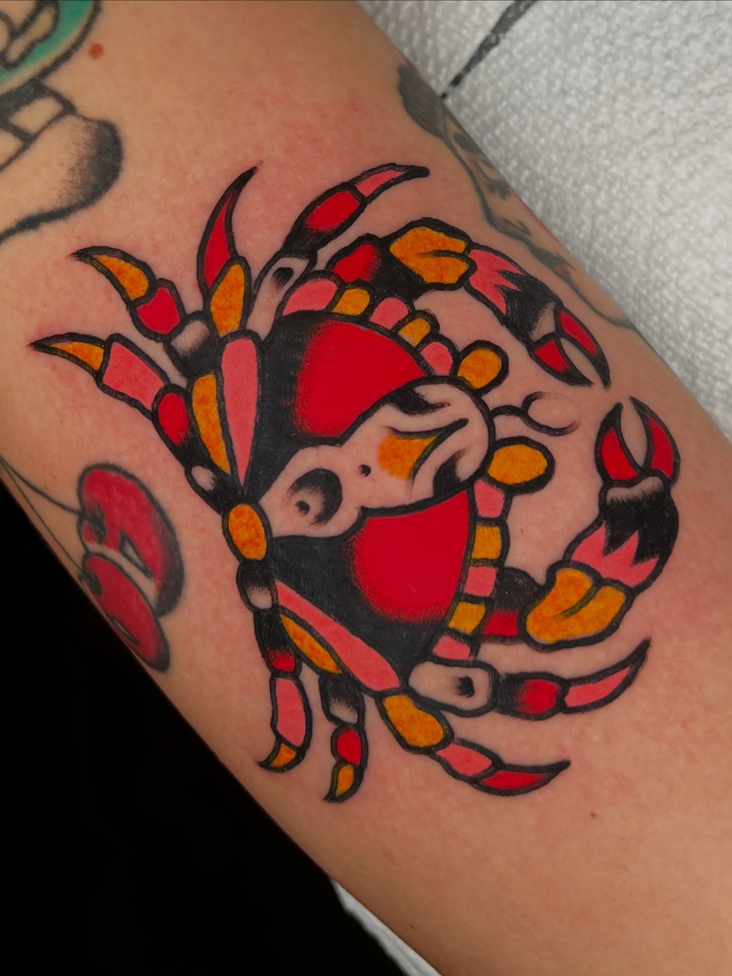 Crab American traditional tattoo on the forearm by 💥Jeff Klug💥, Austin, Texas