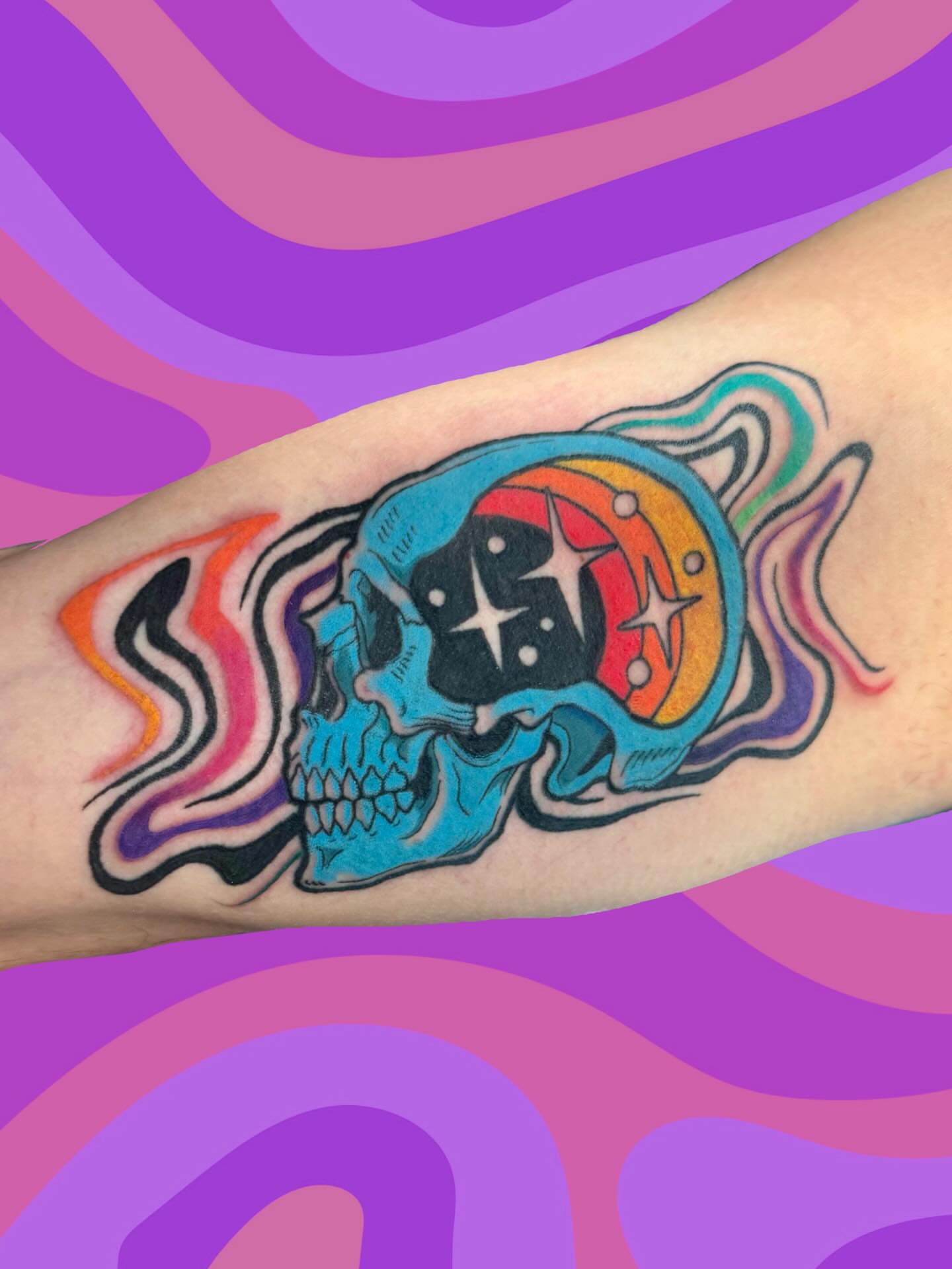 Skull new school tattoo on the forearm by π. ππππ, San Francisco, California