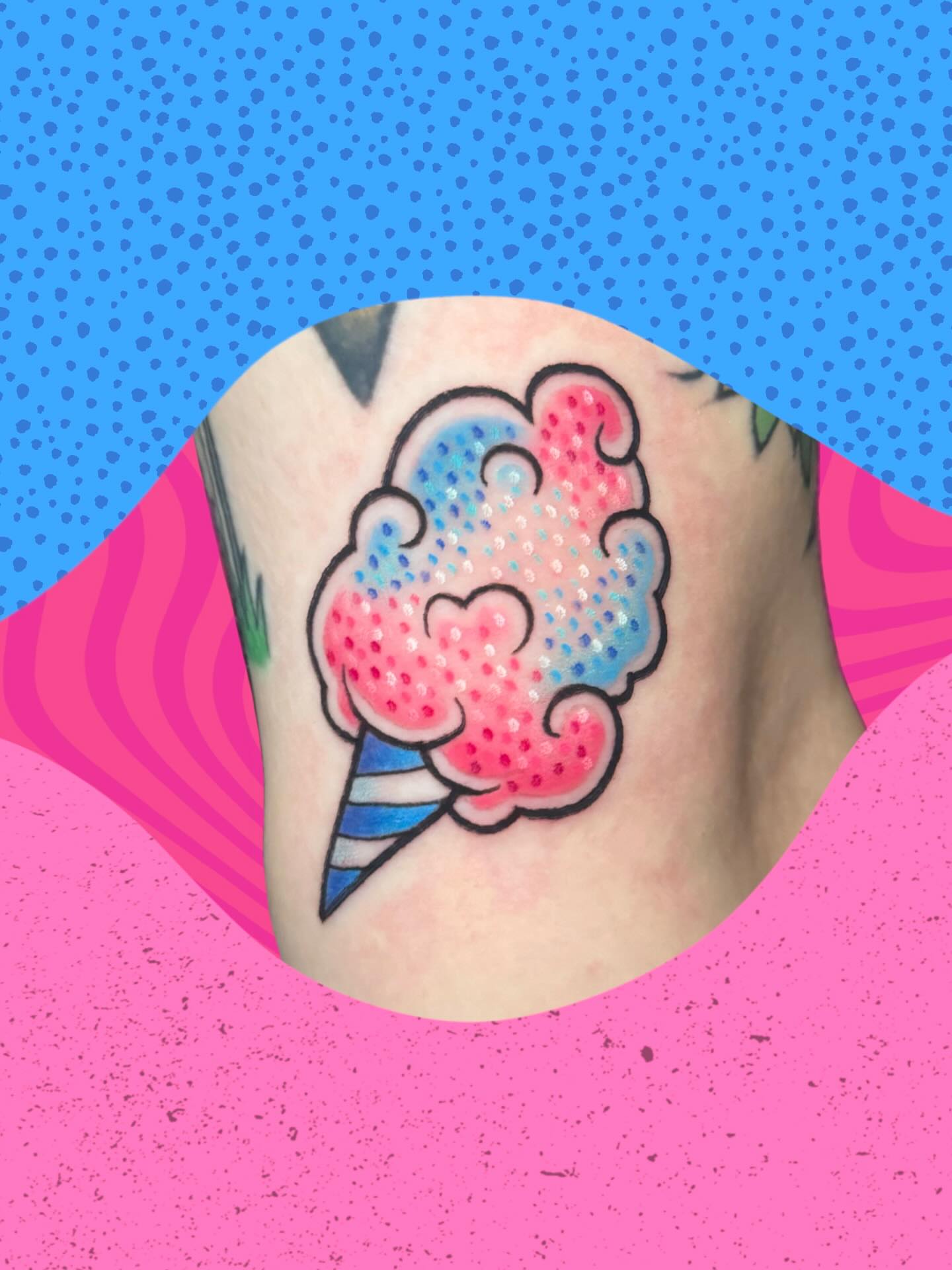 Cotton candy dotwork tattoo on the forearm by π. ππππ, San Francisco, California