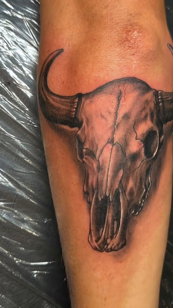 Bull skull realism tattoo by Ricky Flemate, San Antonio