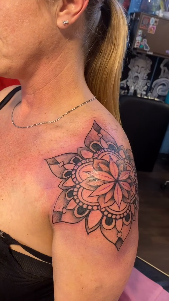 Mandala tattoo on shoulder ornamental tattoo on the shoulder by jim collins, Dayton, Ohio