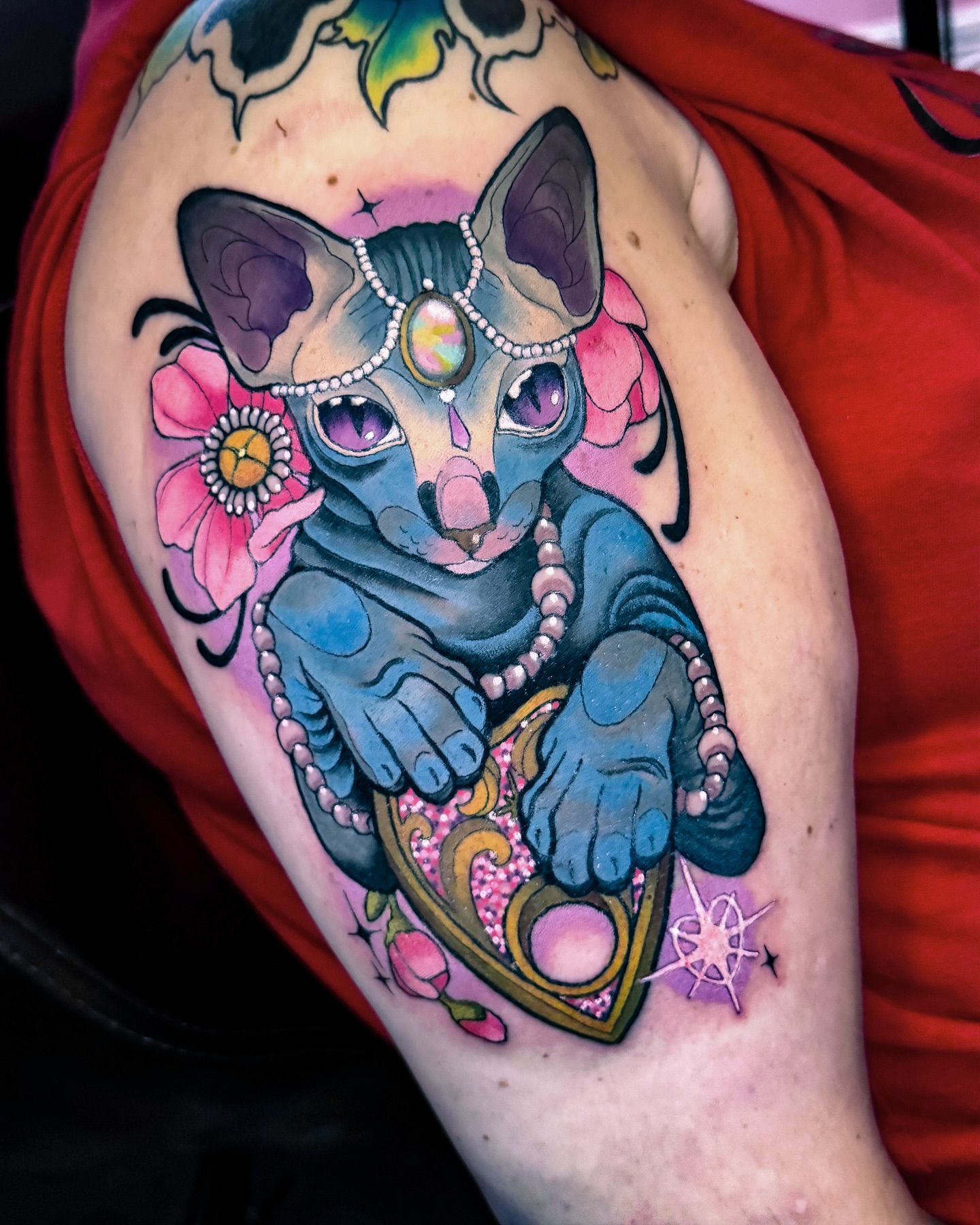 Cat with jewelry new school tattoo on the shoulder by 𝔐𝔞𝔯𝔰 ✨