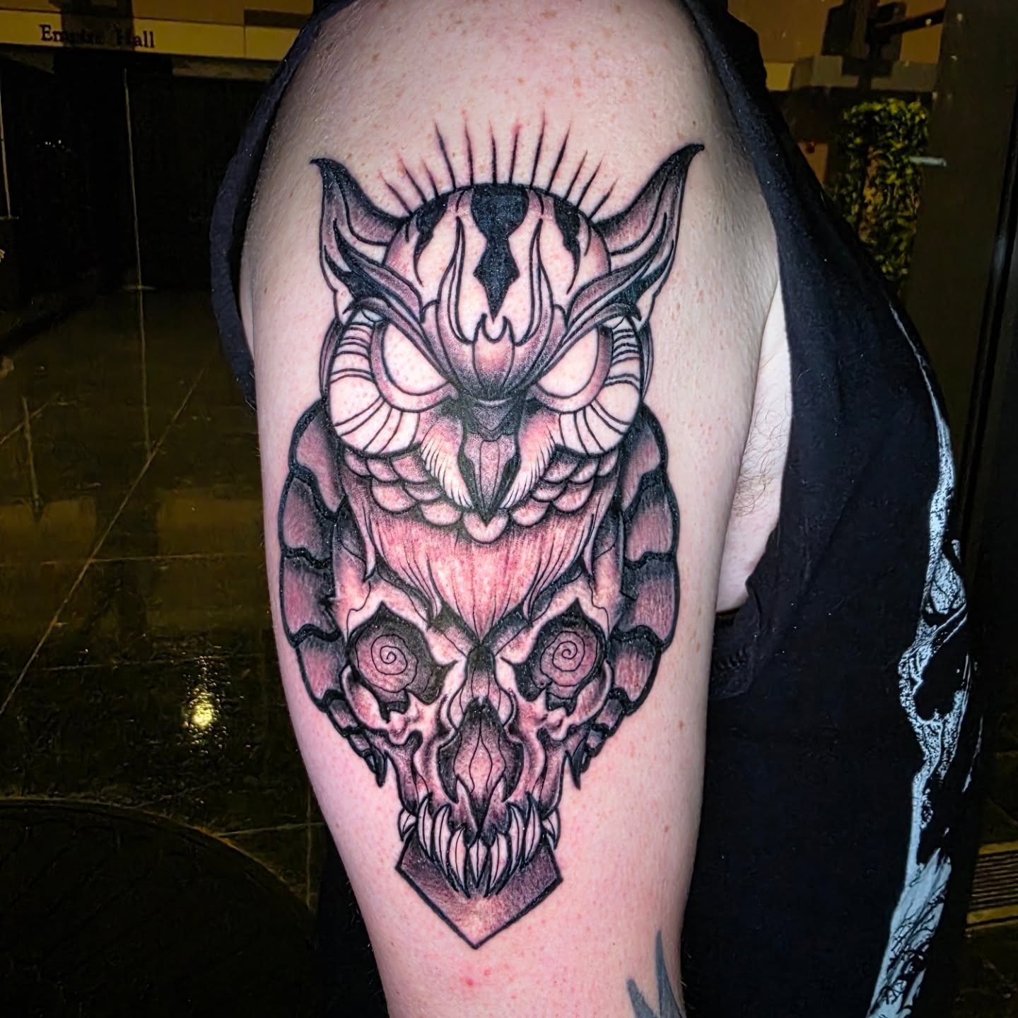 Owl skull dark realism tattoo on the shoulder by Dylan Fowler