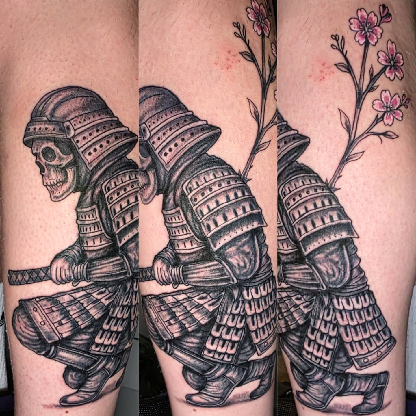 Samurai warrior black and grey tattoo on the thigh by Dylan Fowler