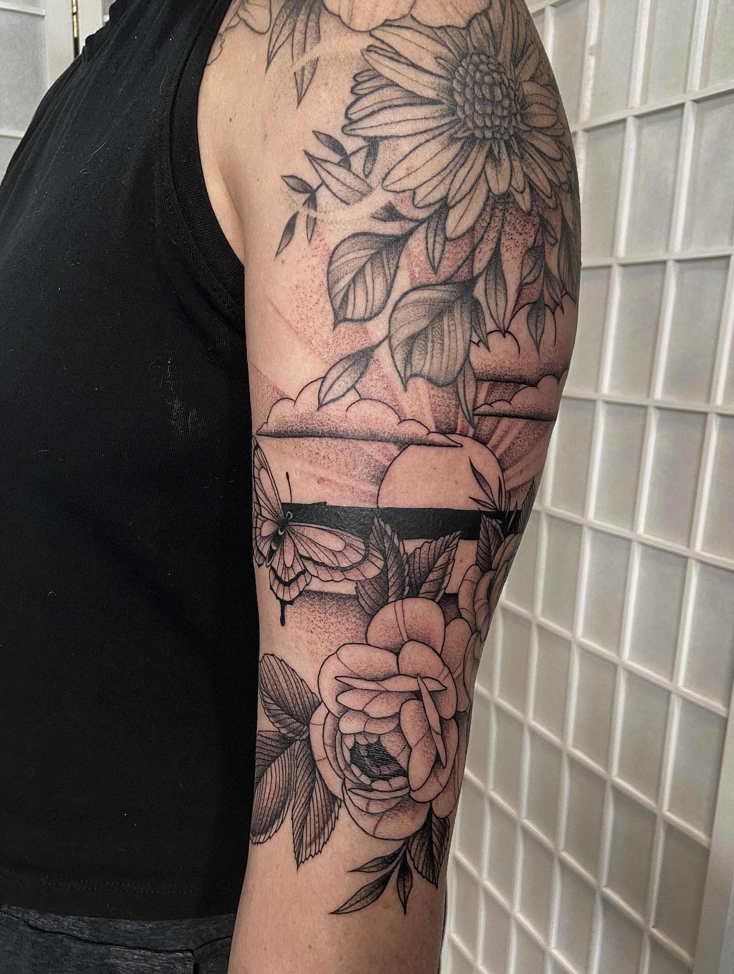 Flower bouquet dotwork tattoo on the forearm by Tattoos by Dale Hupke, Lebanon, Ohio
