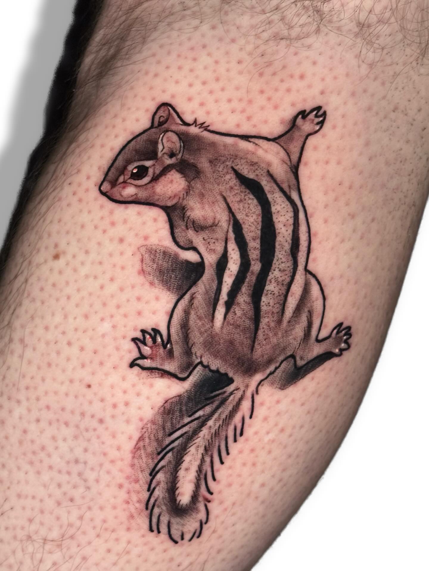 Chipmunk realism tattoo on the forearm by Ash Sansoucie