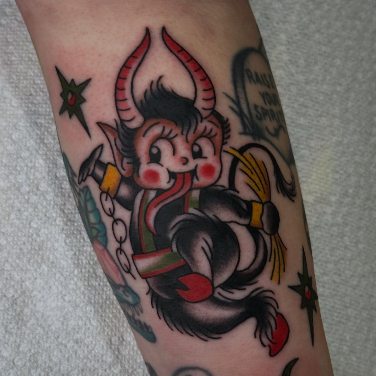 Demon character American traditional tattoo on the forearm by Alexa Wolfkiel