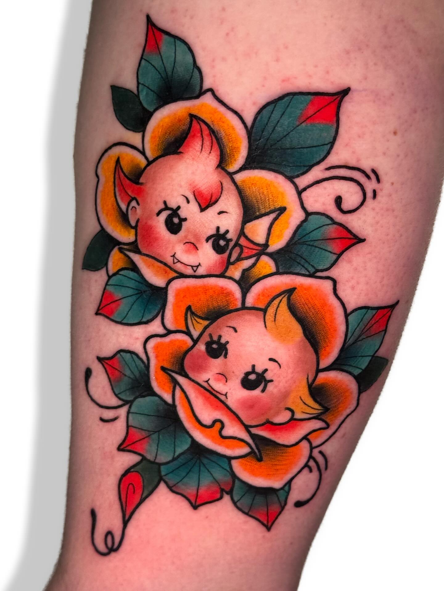 Kewpie dolls American traditional tattoo on the forearm by Ash Sansoucie